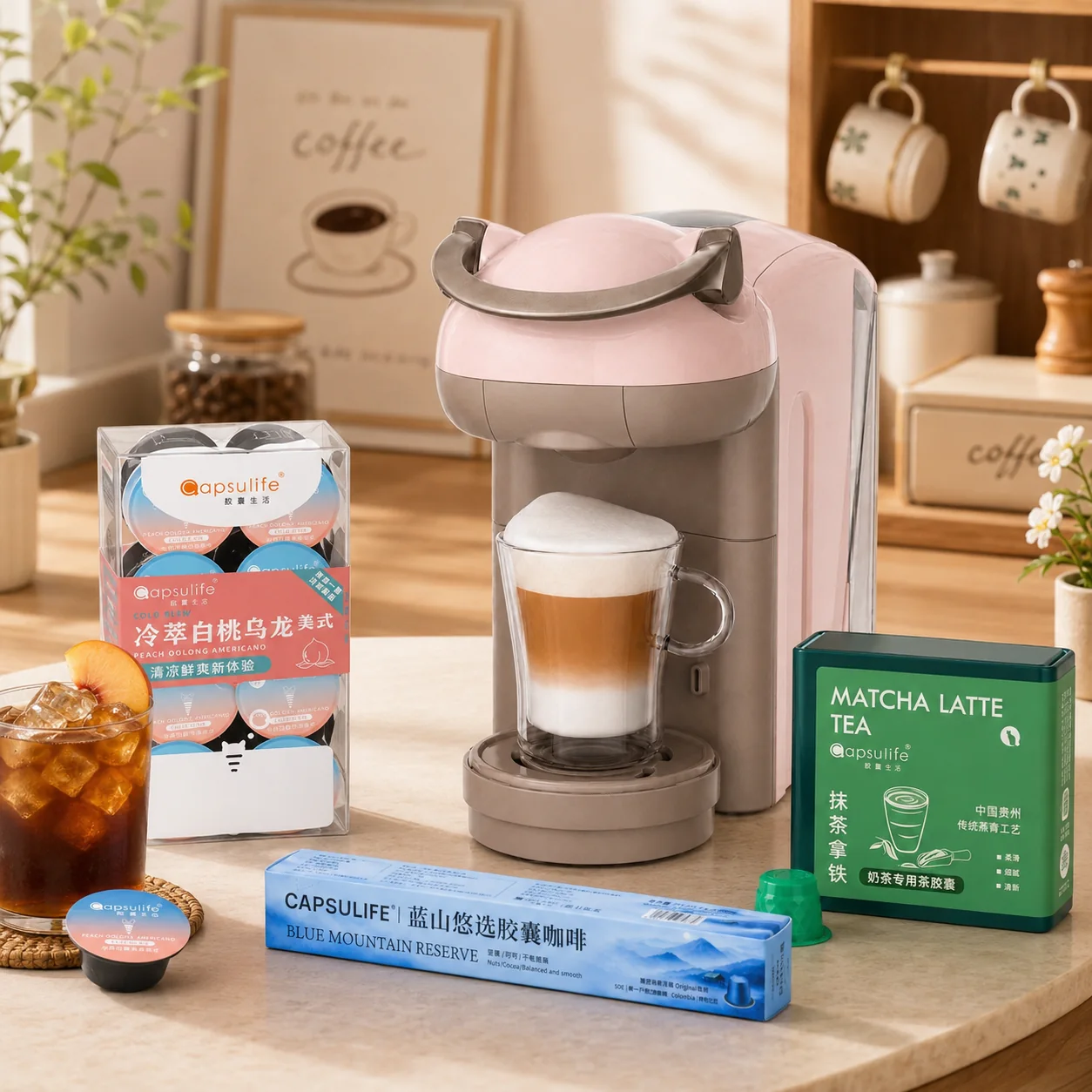 Capsule coffee machine and a cup of coffee in a coffee corner